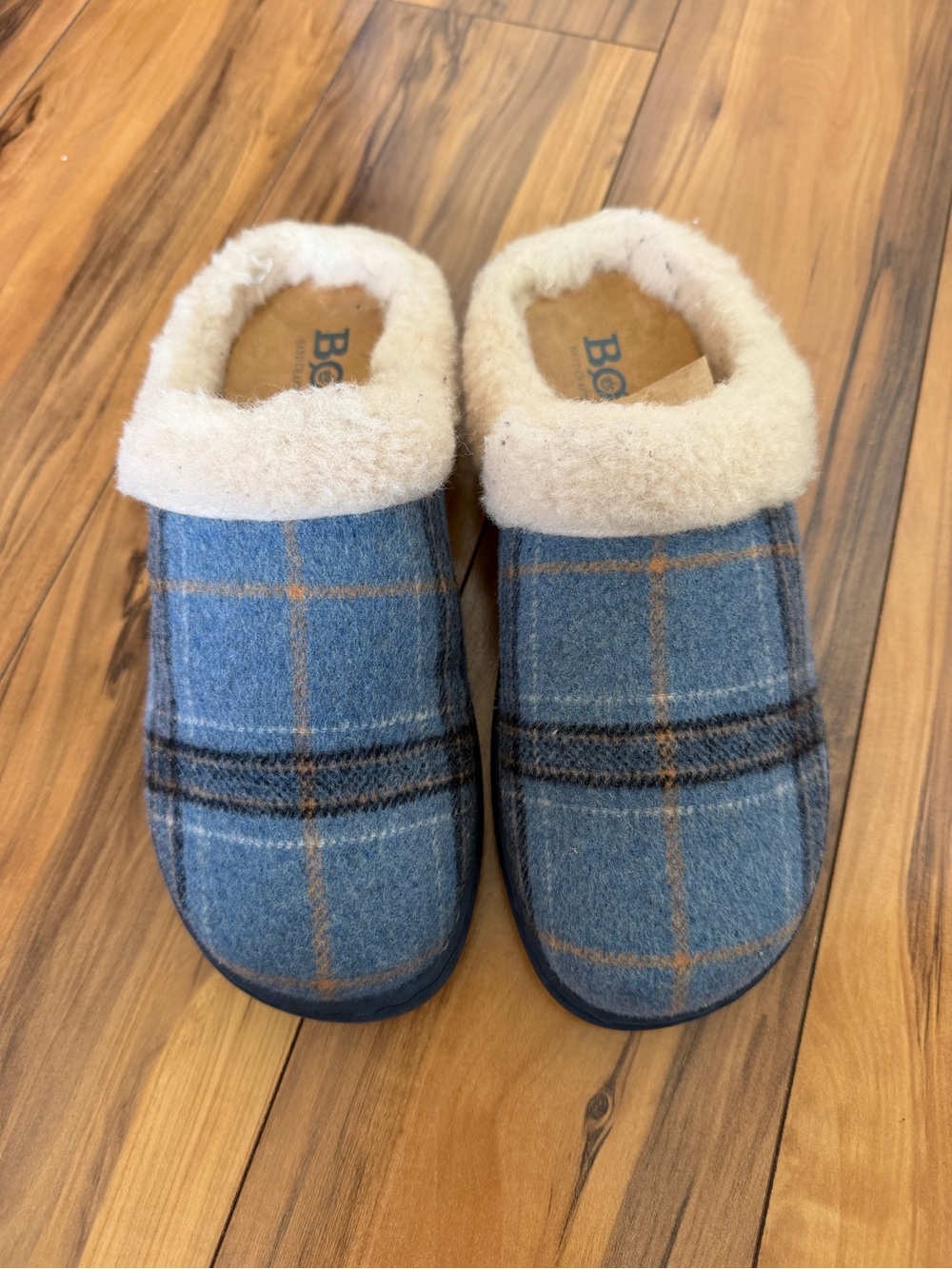 Born Blue Plaid Cozy Slip-On Slippers with Cream Cuff